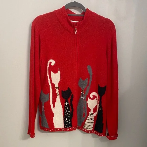 Coldwater Creek Vibrant Red Cat Design Cardigan - Picture 1 of 6